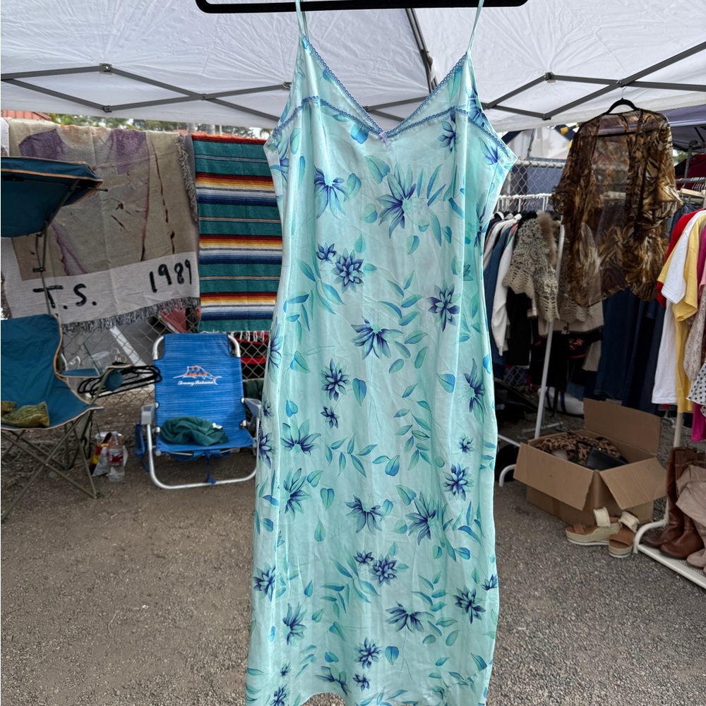 August Silk Blue and Green Floral Dress